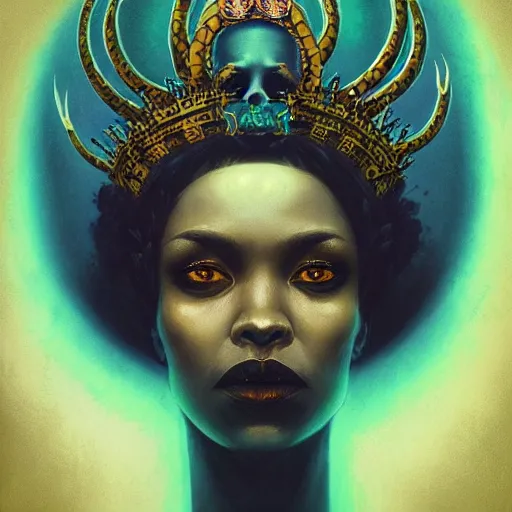 Prompt: portrait of a necromancer queen with a crown of snakes, dark skin, looking up, kneeling, despair, dramatic lighting, blue and green, by Anato Finnstark, Tom Bagshaw, Brom