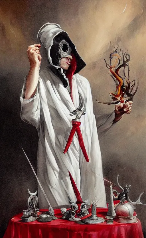 Image similar to a painting of a white robed magician behind a table, hands gesture as above so below, red mantle cup, sword, pentacle, wand, a surrealist painting by marco mazzoni, peter mohrbacher, nychos, cgsociety, neo - figurative, detailed painting, rococo, oil on canvas, seapunk, biomorphic, lovecraftian