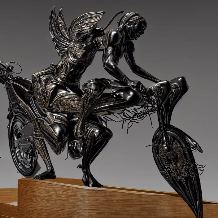 Image similar to fine art statue of black egyptian man on a surrealist motorbike, ebony art deco, carved black marble, inlaid with ebony and gold accents, ebony rococo, wings black lace wear, spider zero, zaha hadid, beautifully lit, hyper detailed, octane render, intricate, elite, ornate, photorealistic, micro details, 3 d sculpture, ray trace