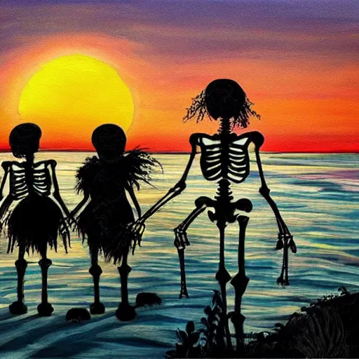 Image similar to skeleton wedding, sunset, cheerful, painting