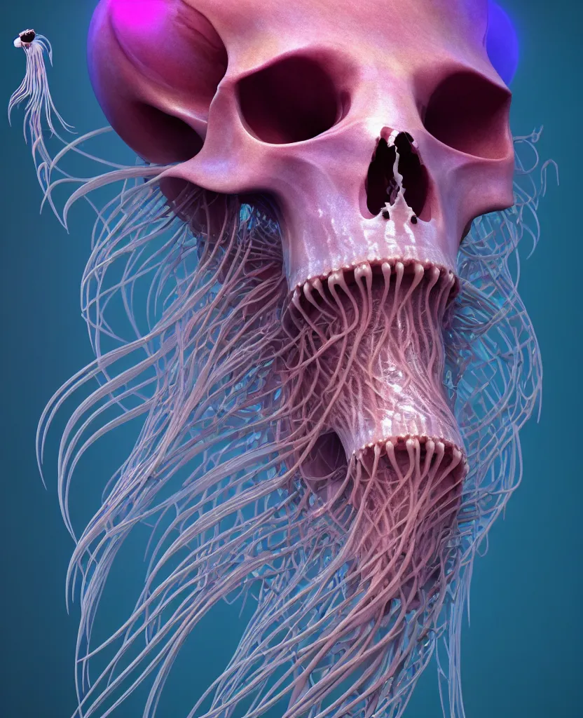 Image similar to goddess close-up portrait animal skull. jellyfish phoenix head, nautilus, orchid, skull, betta fish, bioluminiscent creatures, intricate artwork by Tooth Wu and wlop and beeple. octane render, trending on artstation, greg rutkowski very coherent symmetrical artwork. cinematic, hyper realism, high detail, octane render, 8k