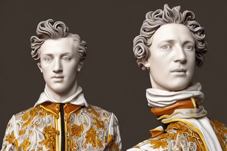 Image similar to a beautiful porcelain Baroque style bust of handsome young Spanish man with colored pipecleaners coming out of the neck suspended in space, photorealism, octane render, depth of field, 8k, 35mm, artgem, Trending on artstation