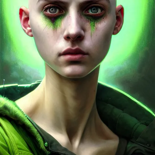 Image similar to portrait painting of a post - apocalyptic bright green haloed bald androgynous teenager with white eyes and green halo, ultra realistic, concept art, intricate details, eerie, highly detailed, photorealistic, octane render, 8 k, unreal engine. art by artgerm and greg rutkowski and charlie bowater and magali villeneuve and alphonse mucha