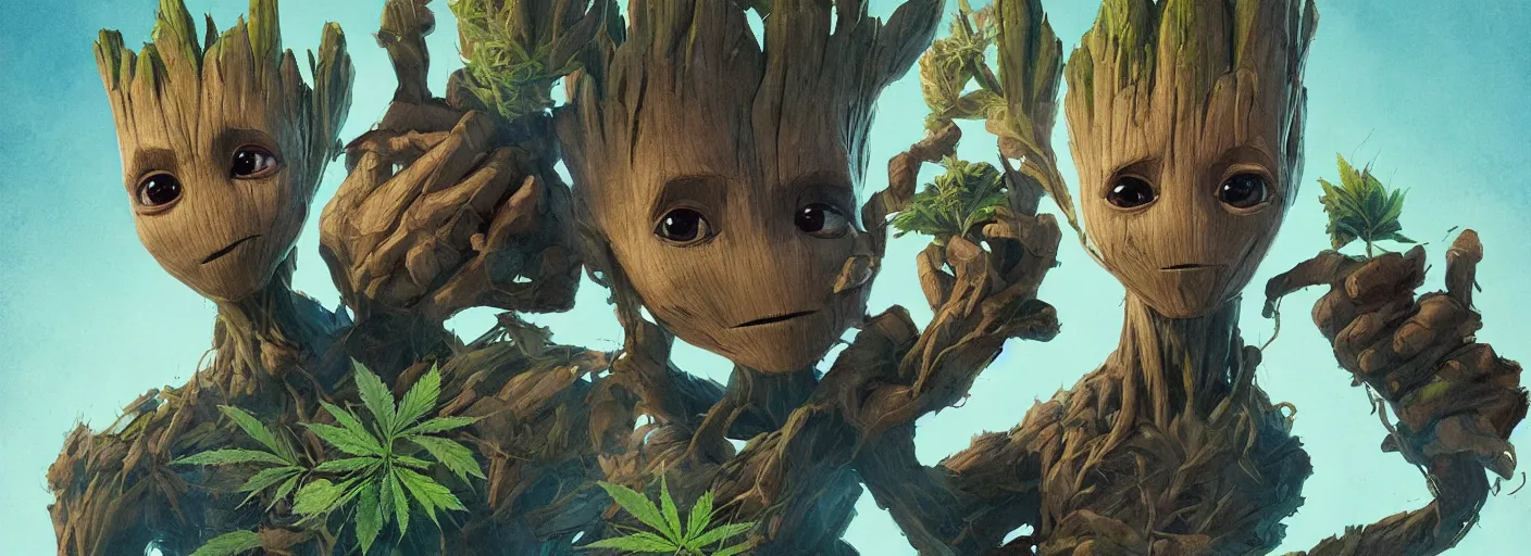 Image similar to duotone concept illustration 3 / 4 portrait of baby groot wearing cannabis hat, hemp, marijuana!, cinematic volumentric lighting, jim cheung, david marquez, mike deodato jr, ilya kuvshinov, makoto shinka, behance hd by jesper ejsing, by rhads, hyper detailed, octane render, concept art, artstation