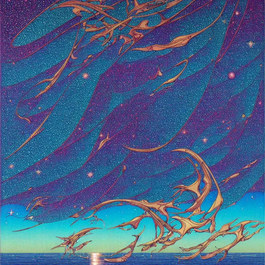 Image similar to ( ( ( ( shinning starry sky and sea, with decorative frame design ) ) ) ) by mœbius!!!!!!!!!!!!!!!!!!!!!!!!!!!, overdetailed art, colorful, artistic record jacket design