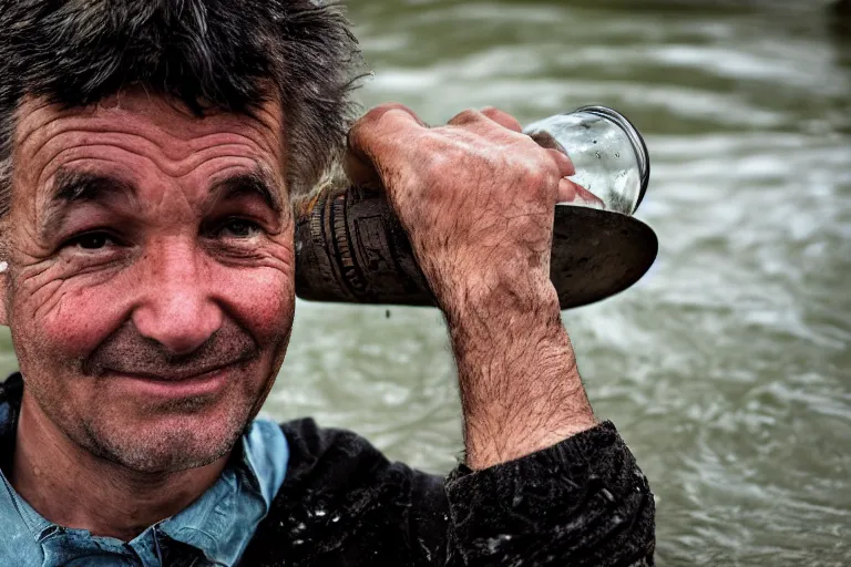 Prompt: closeup potrait of a man with a bucket of water in a flood in Amsterdam, photograph, natural light, sharp, detailed face, magazine, press, photo, Steve McCurry, David Lazar, Canon, Nikon, focus