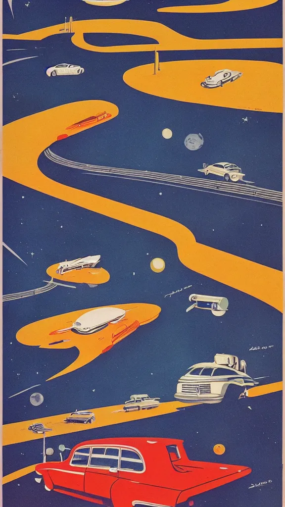 Image similar to a series of highways in outer space with cars on them, 1950s art deco poster, retrofuturism, edward hopper