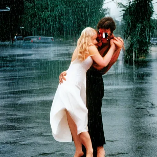 Image similar to portrait shot of young arnold schwarzenegger holding tight in love dancing in the rain with jennifer lawrence beautiful white wet dress, 5 0 mm kodak, beautiful light, best lense, 9 0 s romantic comedy, 4 k