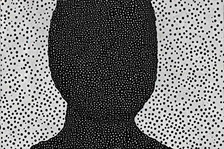 Image similar to black figure, faceless people dark, dots, drip, stipple, pointillism, technical, abstract, minimal, style of francis bacon, asymmetry, pulled apart, cloak, hooded cowl, made of dots, abstract, balaclava, colored dots, sploch