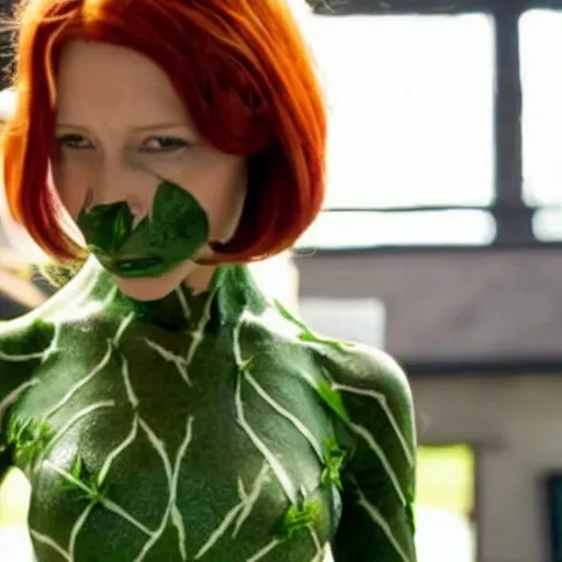 Image similar to elizabeth kucinich as poison ivy, cinematic still shot,