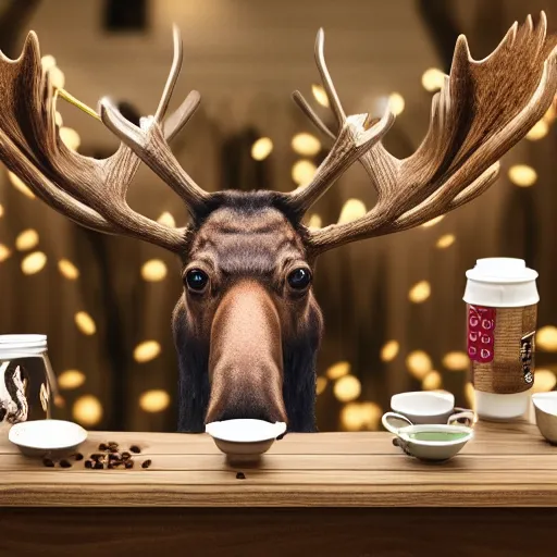 Image similar to a moose with maple leaves on antlers selling coffee at a stand, realistic, 8 k