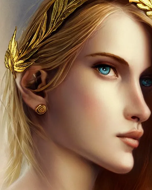 Prompt: front view of beautiful aphrodite greek goddess wearing a gold laurel wreath and triangle earrings, hyper - realistic tattoo sketch, beautiful piercing eyes with sharp pupils, beautiful blonde hair, in the style of greg rutkowski, fantasy, amazing detail, epic, elegant, smooth, sharp focus