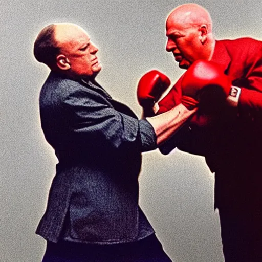 Image similar to Modern color photography of two different people fighting, Bruce Willis punching Winston Churchill