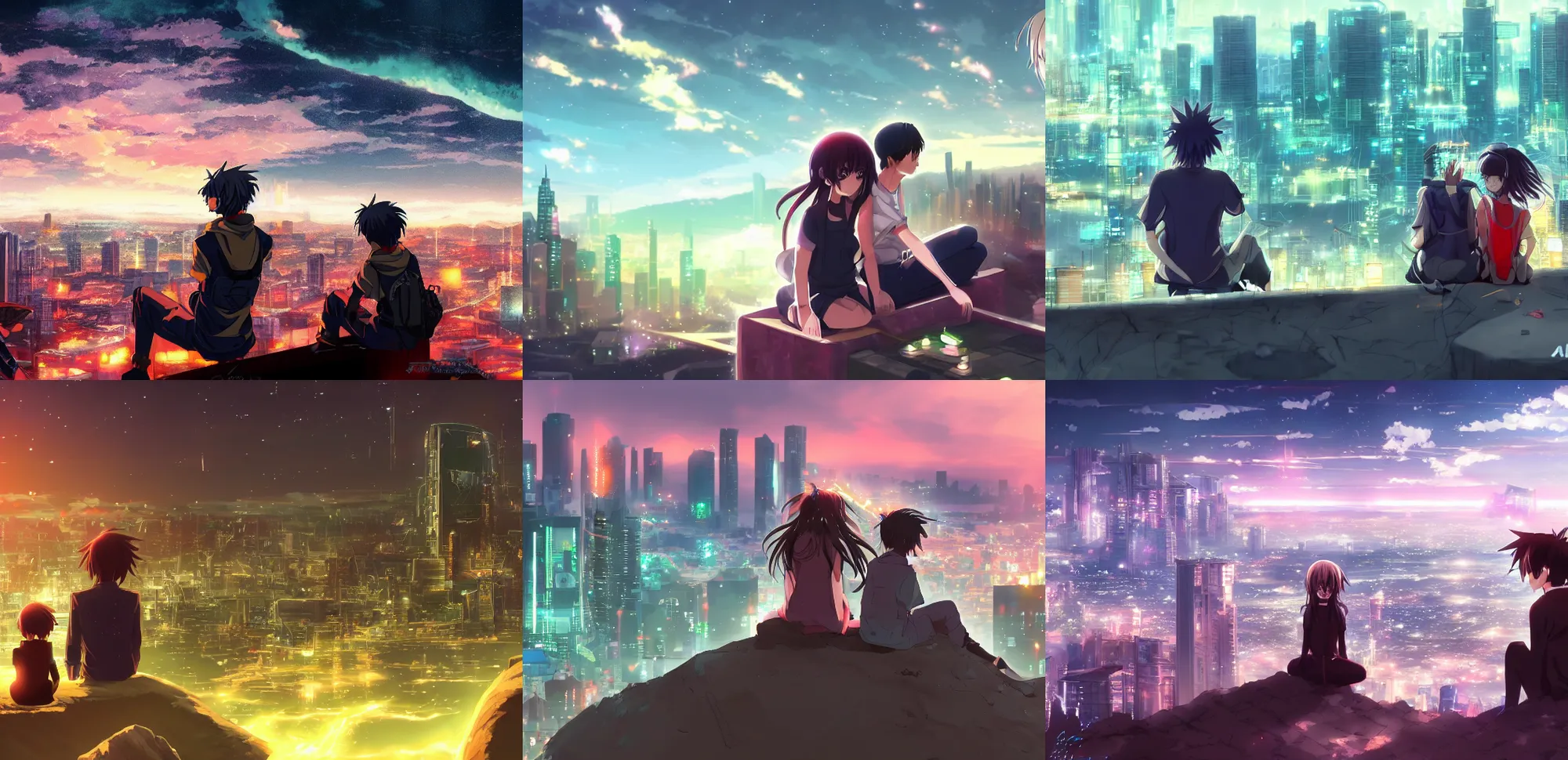 Prompt: an anime shot of a girl and s boy sitting on a hill overlooking a cyberpunk city, cosmic skies, trending on artstation, digital art