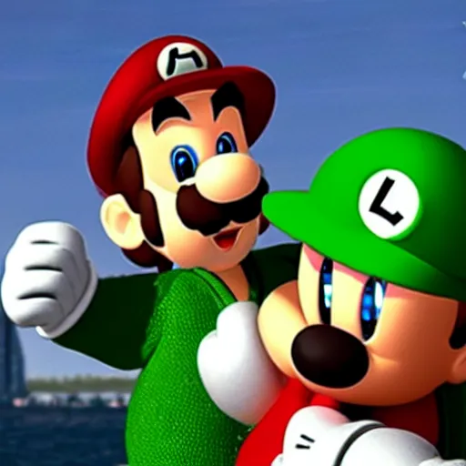 Image similar to luigi from super mario drinking a beer with mario