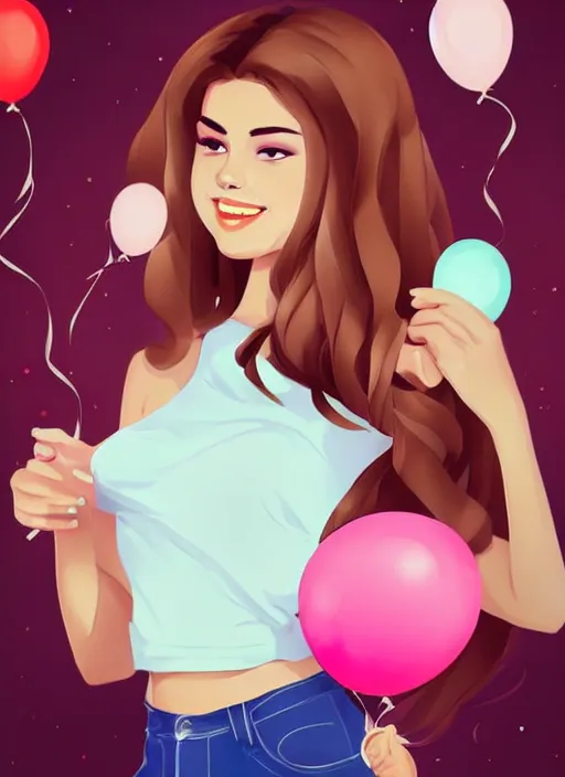 Image similar to beautiful woman resembling selena gomez at a birthday party. balloons. clean cel shaded vector art. shutterstock. behance hd by lois van baarle, artgerm, helen huang, by makoto shinkai and ilya kuvshinov, rossdraws, illustration,