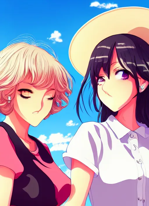 Prompt: two beautiful mature women under a blue sky, casual summer clothes, gorgeous faces, thick lines, cinematic lighting, detailed anime art