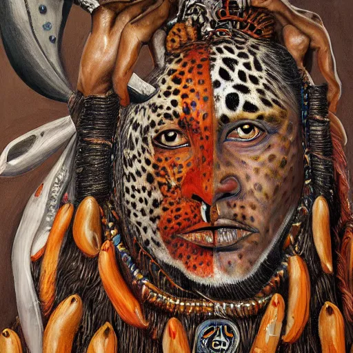 Image similar to an intricated and detailed painting of a shaman turning into a jaguar by jose clemente orozco 4 k render