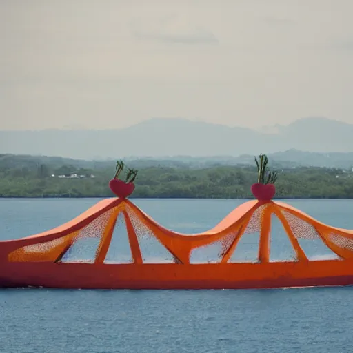 Prompt: giant carrot shaped ship with windows crossing the Panama channel