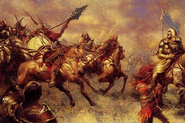 Image similar to robert baratheon leads the battle of the trident. art by gaston bussiere.