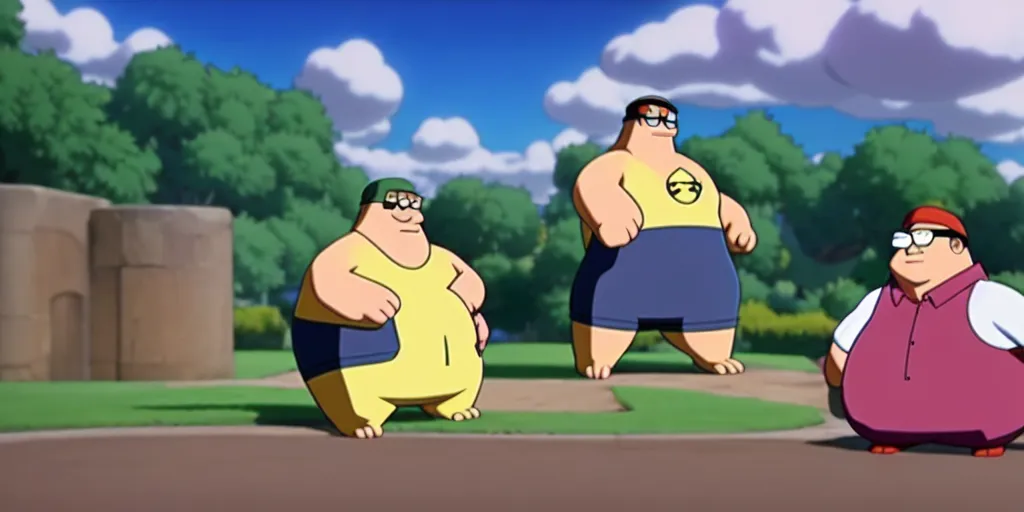 Image similar to Peter griffin from family guy in a pokemon duel , 4K screenshot from Pokemon: the movie