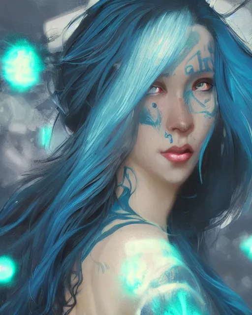 Prompt: pretty girl with a dragon back tattoo, blue hair, dj sura, laser lights, sharp focus, digital painting, 8 k, concept art, art by wlop, artgerm, greg rutkowski and alphonse mucha