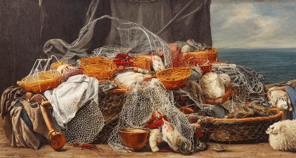 Prompt: a still life of fishermans clothes and fishing nets with fishnets, lobsters, wolfs, sheep, in the style of romanticisim