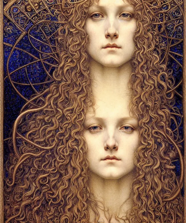 Image similar to detailed realistic beautiful young medieval queen face portrait by jean delville, gustave dore and marco mazzoni, art nouveau, symbolist, visionary, gothic, pre - raphaelite. horizontal symmetry