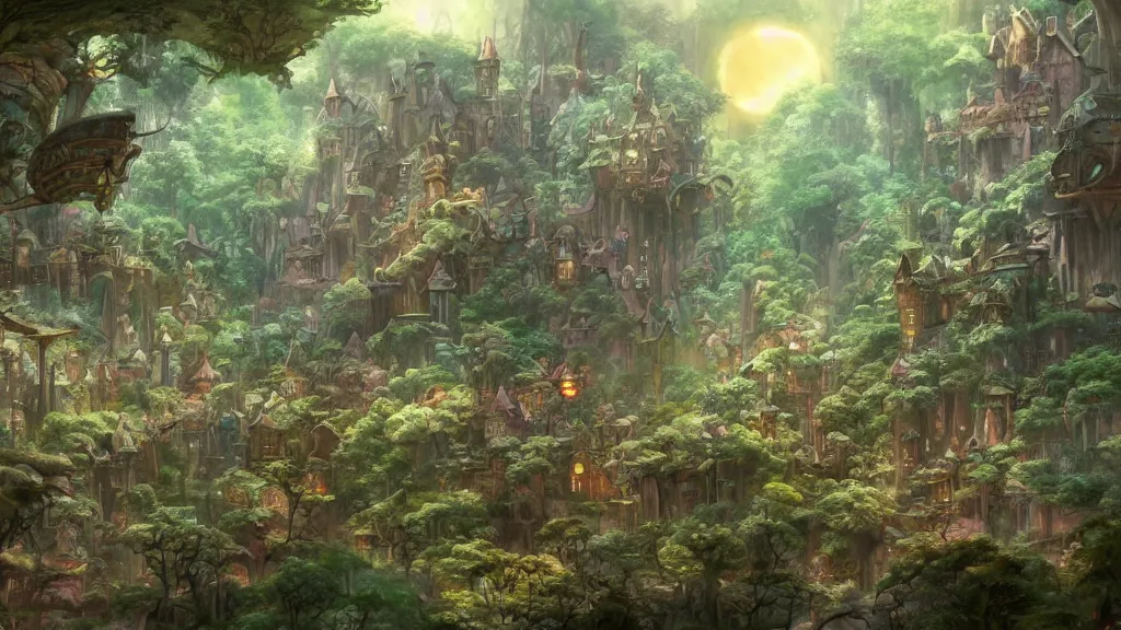 Prompt: a fairy city in a mystical magic forest, cinematic scene, studio ghibli, frank frazetta, trending on artstation