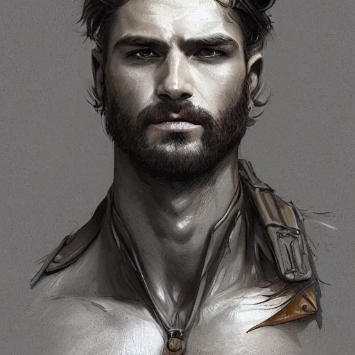 Image similar to portrait of a rugged ranger, 2 5 years old, muscular, upper body, hairy torso, d & d, fantasy, intricate, elegant, highly detailed, digital painting, artstation, concept art, smooth, sharp focus, illustration, art by artgerm and greg rutkowski and alphonse mucha