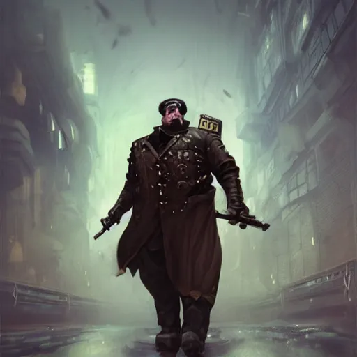 Image similar to steampunk cyberpunk fat soviet policeman, fog, darkness, evil, magic the gathering artwork, D&D, fantasy, cinematic lighting, centered, symmetrical, highly detailed, digital painting, artstation, concept art, smooth, sharp focus, illustration, volumetric lighting, epic Composition, 8k, art by Akihiko Yoshida and Greg Rutkowski and Craig Mullins, oil painting, cgsociety