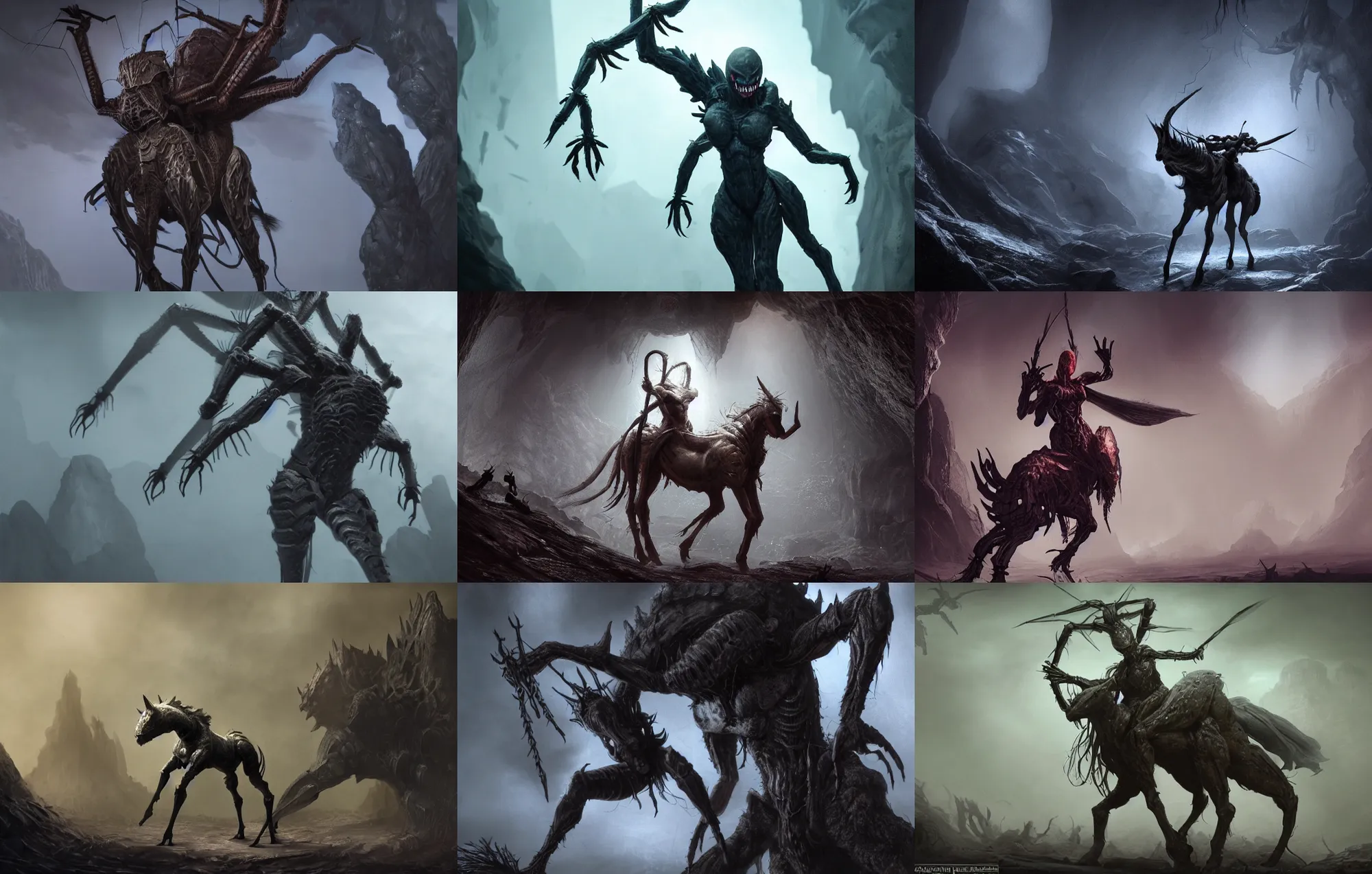 Prompt: creepy matte painting of an armored female centaur with eight spider legs in a dark cave, ultra detailed, monster, half human half spider, human torso and head, human face, spider thorax, creature design, concept art, dnd, dndbeyond, d & d, 8 k, moody lighting, muted colors, blue tone light, dramatic lighting