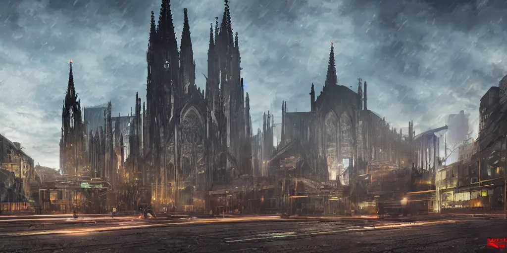 Prompt: wide shot, photorealistic art of a cyberpunk punk and steampunk Cologne Cathedral, city concept, dynamic lighting, hyper realistic, cinematic, realism