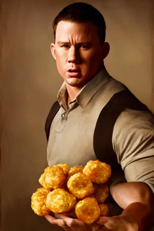 Image similar to channing tatum in a tater tot costume, oil on canvas, intricate, 8 k highly professionally detailed, hdr, cgsociety