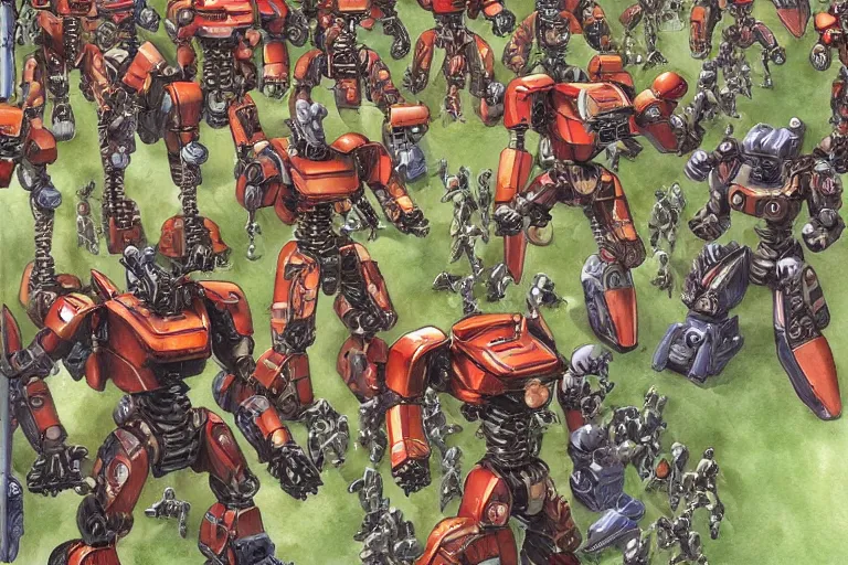 Image similar to inorganic battle robot army, art by frank hampson and shawn mcmanus, trending on artstation, photorealistic, watercolor painting, manga