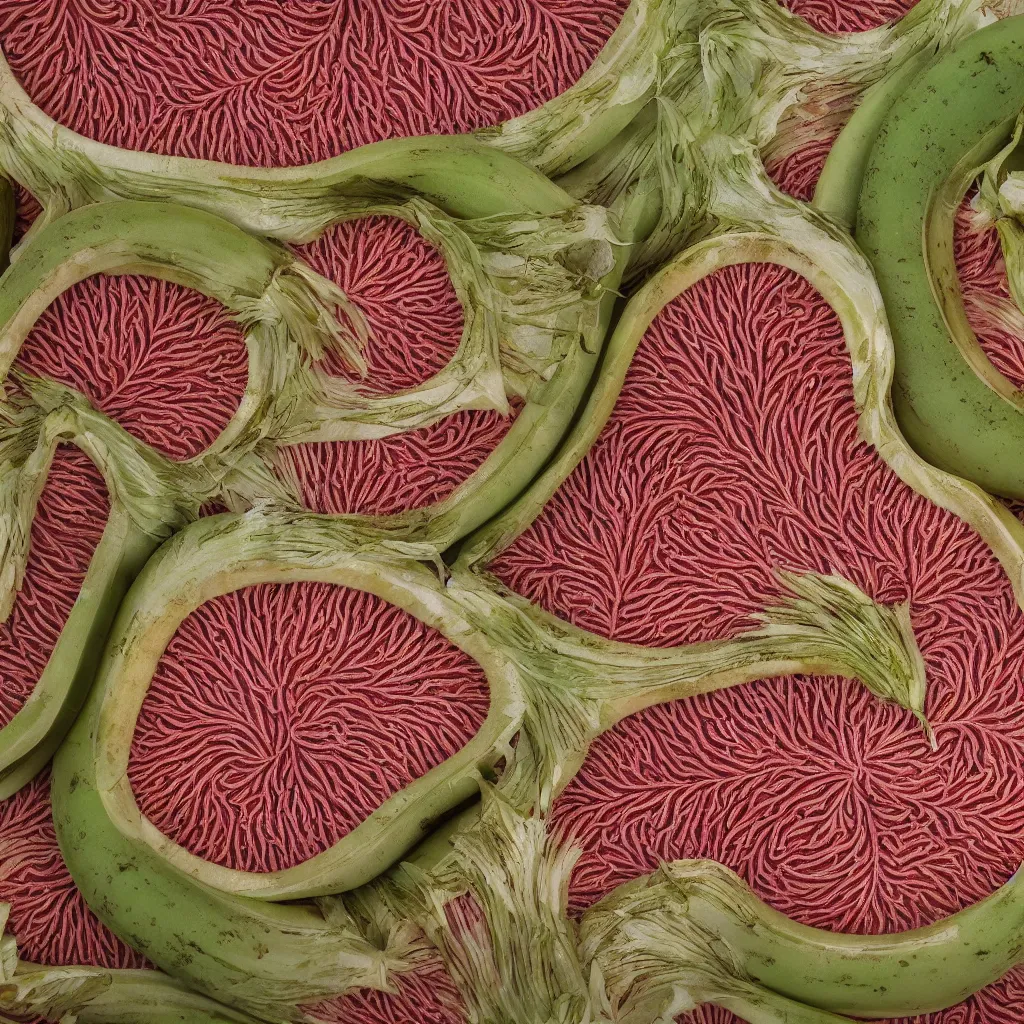 Image similar to circular fractal bananas that grow like coral, inside art nouveau embroidered plate with petal shape, big leaves and stems, roots. closeup, hyper real, food photography, high quality