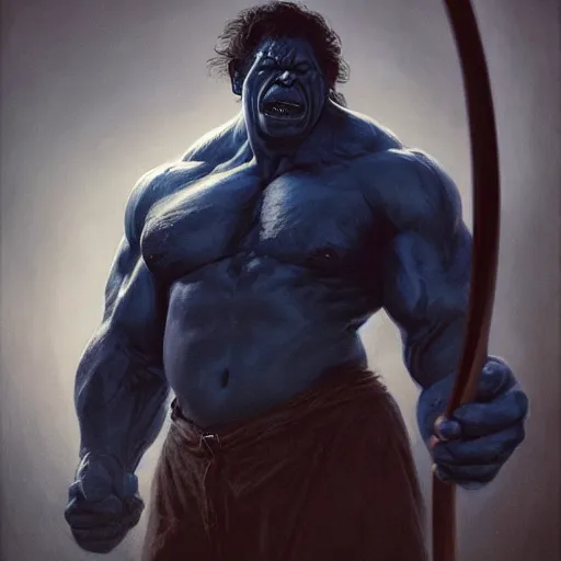 Image similar to artstation concept a midnight blue hulk holding bow and arrow, dusty, hyperdetailed, artstation trending, world renowned artists, worth 1 0 0 0. com, historic artworks society, antique renewel, cgsociety, by greg rutkowski, by gustave dore, deviantart