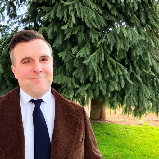 Image similar to Photo of White chubby clean-shaven man wearing a chocolate brown overcoat and necktie is resting under a giant evergreen tree; calm, afternoon, clear sky, windy