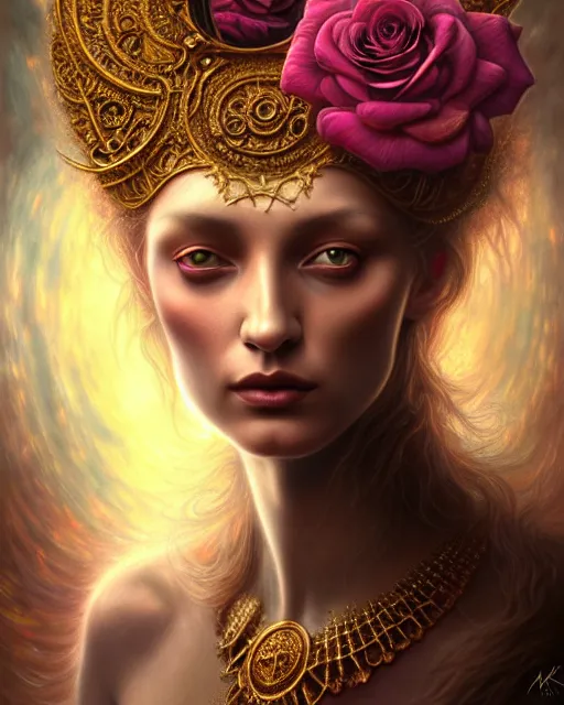 Prompt: portrait of a beautiful rose goddess, unusual beauty, esoteric, outher worldly colours, head in focus, fantasy art, ornamental rose aesthetics,, intricate, elegant, highly detailed hyperrealistic painting, artstation, concept art, painterly, golden ratio, sharp focus, illustration, art by tomasz alen kopera