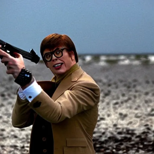 Image similar to austin powers shooting an ak - 4 7, photography, movie,