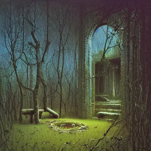 Image similar to small cottage in the forest by zdzisław beksinski, marco mazzoni, peter gric, oil on canvas, highly detailed, whimsical, fantasy