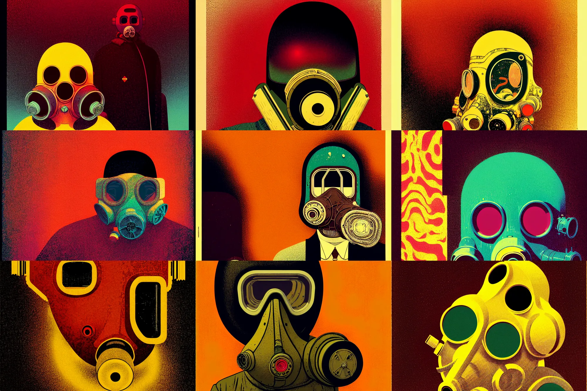 Prompt: ( ( dither ) ), editorial illustration gas mask meltdown, modern art deco, colorful, ( ( mads berg ) ), christopher balaskas, victo ngairich grainy texture, detailed, dynamic composition, wide angle, gustav klimt, moebius, wood block print
