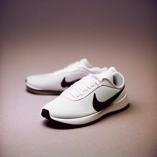 Image similar to a studio photoshoot of A Nike running sneaker designed by Dieter Rams, mesh fabrics, realistic, color film photography by Tlyer Mitchell, 35 mm, graflex