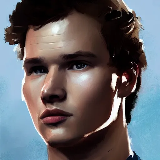 Image similar to portrait of a man by greg rutkowski, he looks like ansel elgort, he is wearing a blue and white kevlar gear with a cape, highly detailed portrait, digital painting, artstation, concept art, smooth, sharp foccus ilustration, artstation hq