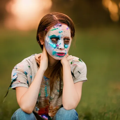 Image similar to a girl with cracked skin painting her face with paint, 5 0 mm lens, f 1. 4, sharp focus, ethereal, emotionally evoking, head in focus, volumetric lighting, blur dreamy outdoor,