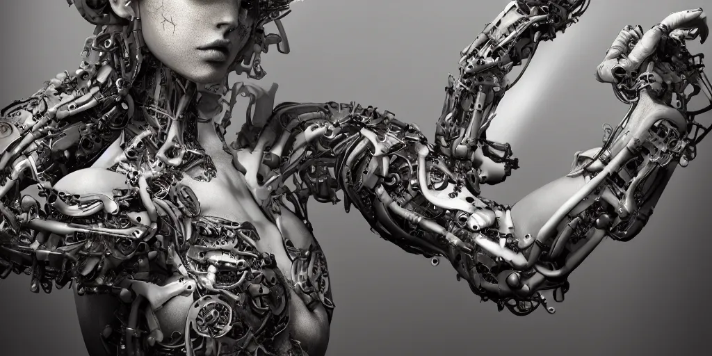 Image similar to hyperrealistic photography of a stunningly beautiful cyborg female, mechanical elbow, plated arm, intimate, holding hands, in the style of beth cavener, jin kagetsu,, and wlop, highly detailed, intricate, face symmetry, masterpiece, award - winning, sharp focus, concept art, high key, ambient lighting, 8 k, octane render, artstation