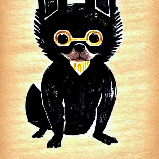 Image similar to a cute black robot pomeranian!!!. ( ( ( alcohol ink on parchment, muted colors, shading!!!, detailed, textured parchment background, 1 9 5 0 s concept art ) ) )