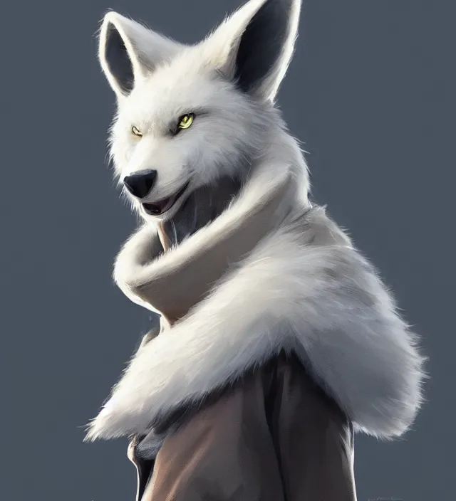 Image similar to a beautiful portrait of a handsome male anthropomorph white wolf furry fursona wearing a hoodie. character design by cory loftis, fenghua zhong, ryohei hase, ismail inceoglu and ruan jia. artstation, volumetric light, detailed, photorealistic, rendered in octane