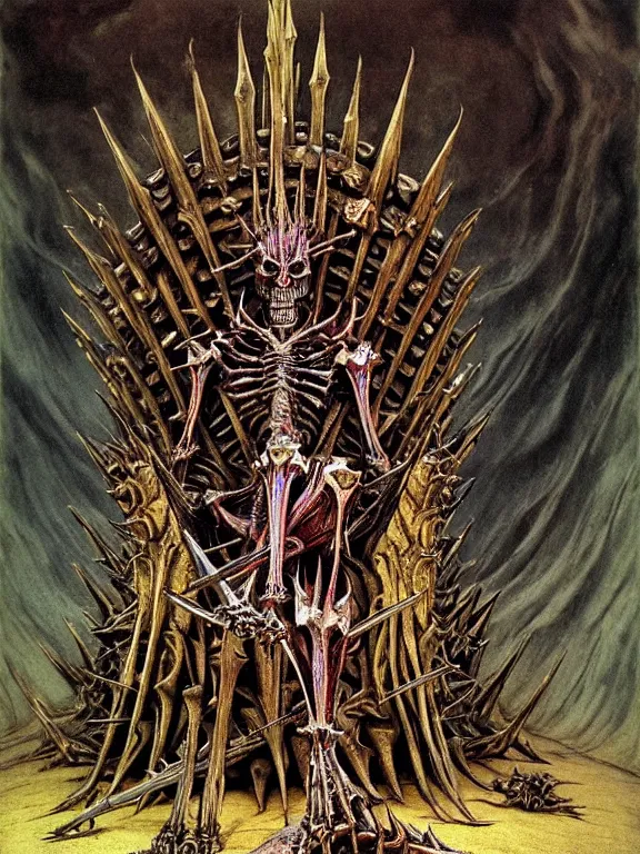 Prompt: A little vibrant. A spiked horned detailed semiork-semihuman skeleton with armored joints stands in a large cavernous throne room with a pebble in hands. Wearing massive shoulderplates, cloak. Extremely high details, realistic, fantasy art, solo, masterpiece, bones, ripped flesh, colorful art by Zdzisław Beksiński, Arthur Rackham, Dariusz Zawadzki, Harry Clarke
