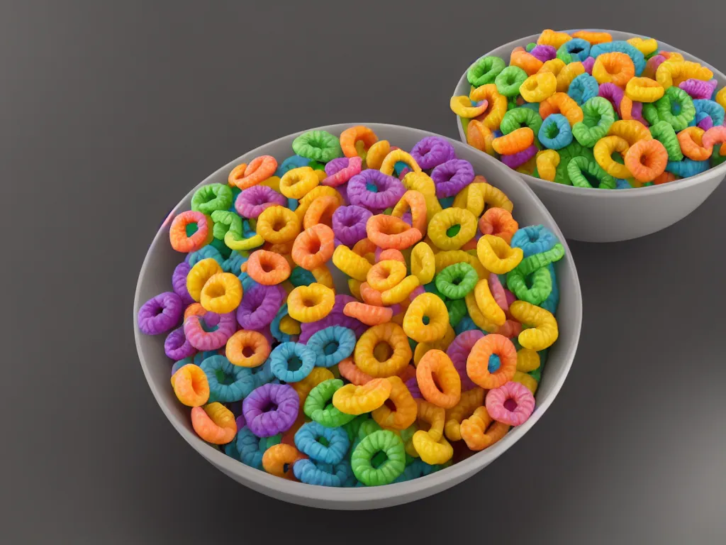 Image similar to bowl of fruit loops in milk, high realism, high detail, stylized, pixar, octane render